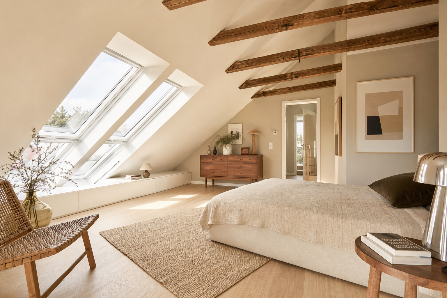 Helles, modern ausgebautes Dachgeschoss mit Dachfenstern und Holzbalken