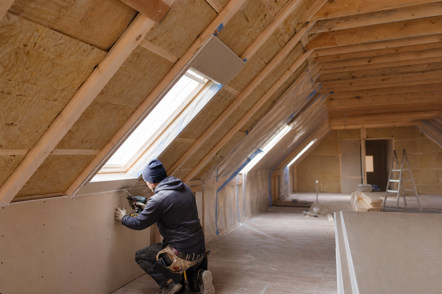 Handwerker bei der Arbeit im Dachgeschoss, sauber und professionell