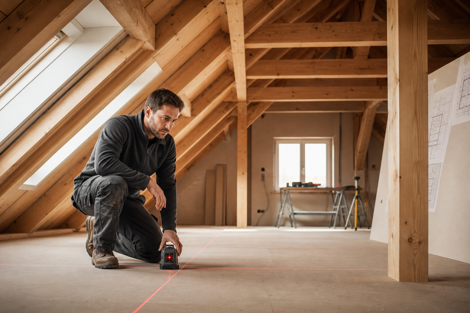 Handwerker bei der Vermessung im Dachgeschoss